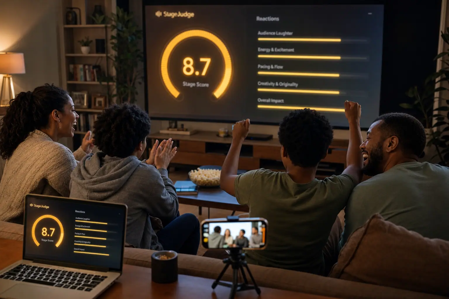 Family reacting live while a FunJudge score gauge appears on their TV