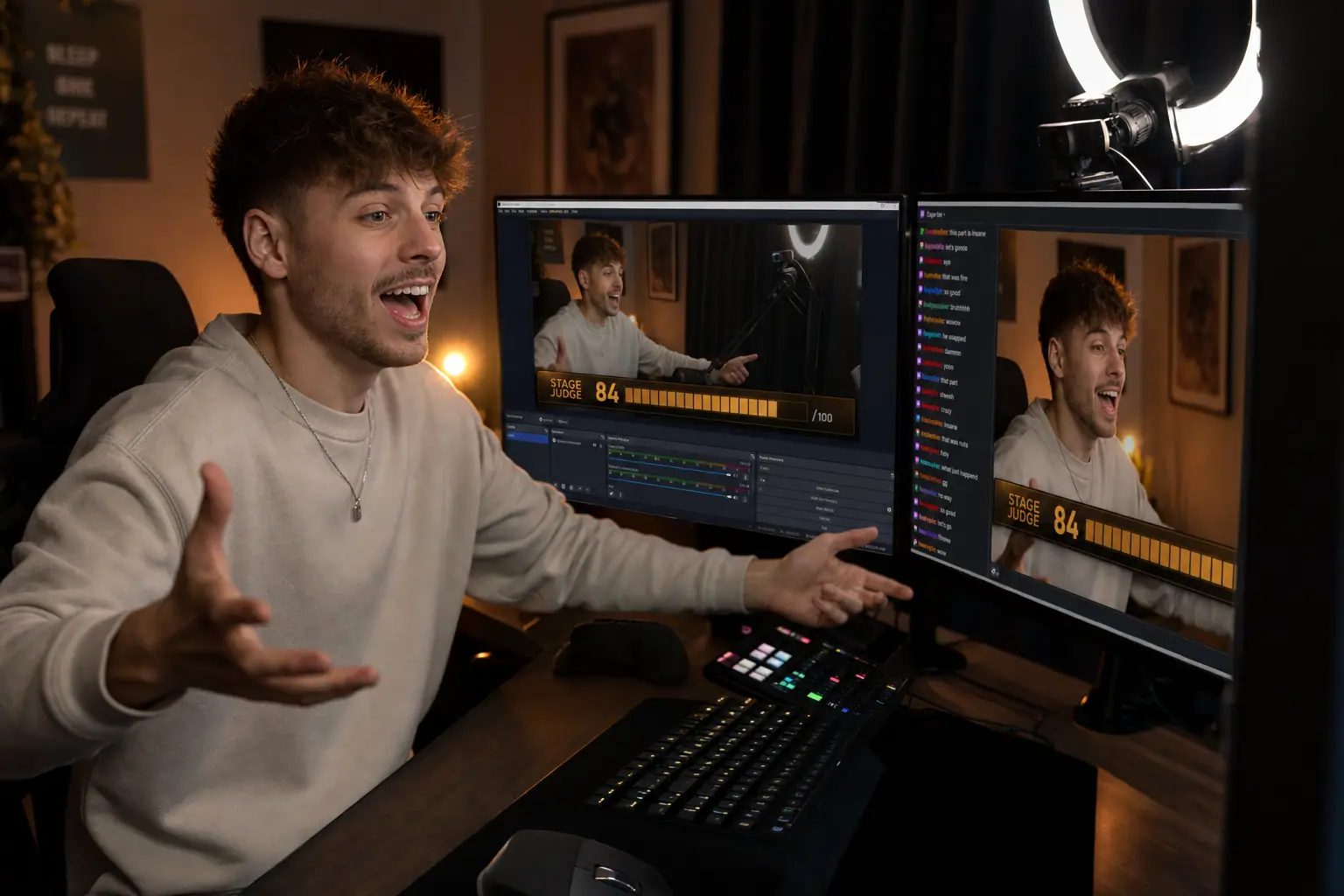 Creator livestreaming with FunJudge score overlay visible in OBS