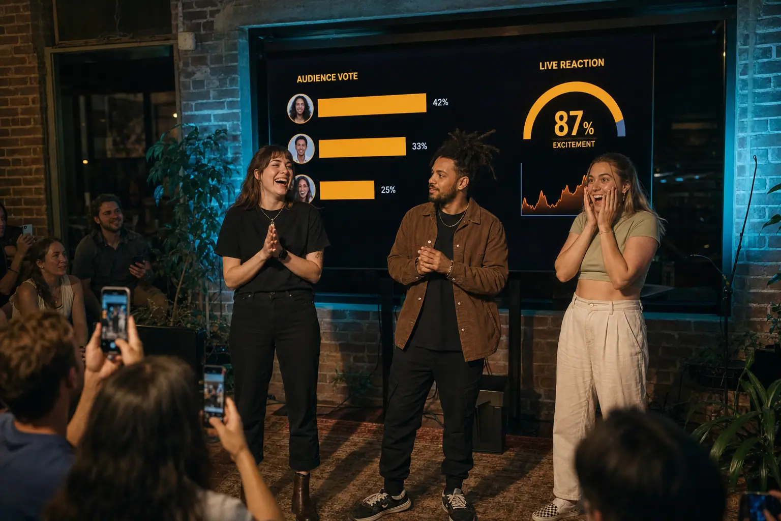 Contestants on a DIY stage with audience phones and live vote leaderboard on screen
